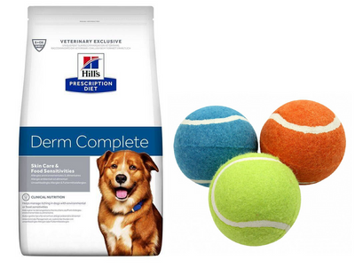 HILL'S PD Prescription Diet Canine Derm Complete 12kg + Schwimmender Tennisball 1 Stück GRATIS!