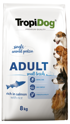 TropiDog Premium Adult SMALL BREEDS – Rich in SALMON, with RICE 8kg + Überraschung für den Hund 