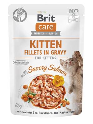 BRIT CARE Cat Kitten Fillets in Bratensoße mit herzhaftem Lachs, angereichert mit Sanddorn und Kapuzinerkresse 85g