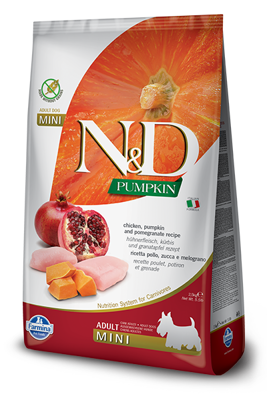 Farmina N&D Pumpkin Grain Free canine CHICKEN AND POMEGRANATE ADULT MINI 2,5kg + GRATIS TRIXIE Hundekotbeutel 4 Rollen