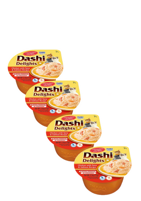 Inaba DASHI Ergänzungsfuttermittel für Katzen - Brühe mit Huhn, Thunfisch und Lachsgeschmack 4x70 g 