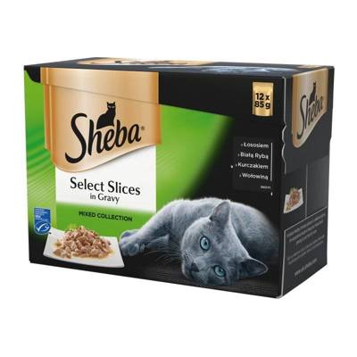 SHEBA Beutel 12x85g Select Slices in Sauce - feuchtes Katzenfutter in Sauce (mit Lachs, Weißfisch, Huhn, mit Rindfleisch)