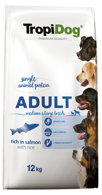TROPIDOG Premium Adult mittlere und große Rassen reich an Lachs und Reis 12 kg + Überraschung für den Hund