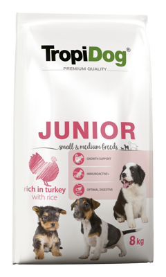 TROPIDOG Premium Junior Small und Medium Breeds reich an Lachs und Reis 8 kg + Überraschung für den Hund